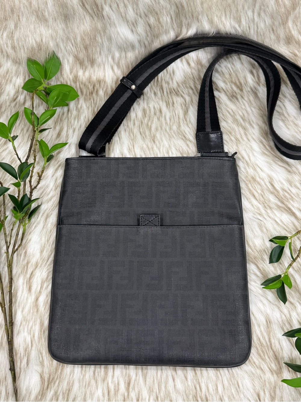 Fendi Zucca Black Monogram Coated Canvas Messenger Crossbody Bag